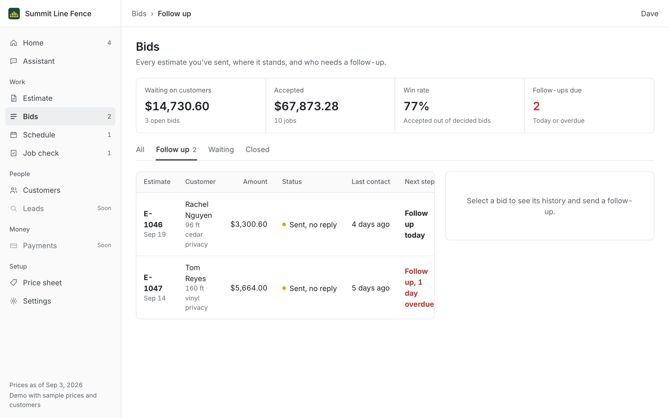 The Bids screen showing bids due for a follow-up today.